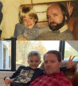 Matt and his son recreate a photograph of Matt with his dad.
