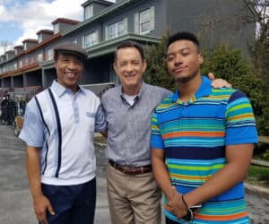 Jones and son Evan Cooke with Tom Hanks on the set of "A Man Called Otto"