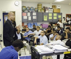Jones speaking to a class at Shaker Heights High School